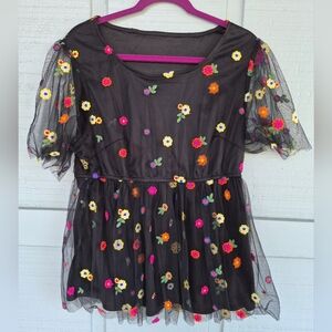 Floral Embroidered Sheer Tulle Overlay Black Top Shein 1X Boho Fairycore Dainty